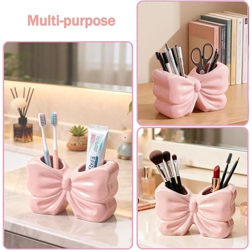 Bow Toothbrush Holder, 2-Slot Cute Bowtie Shaped Ceramic Bathroom Counter Organizer for Electric Toothbrushes, Toothpaste, Floss and Razors, Bathroom Decor Accessories, Pink thumbnail 6