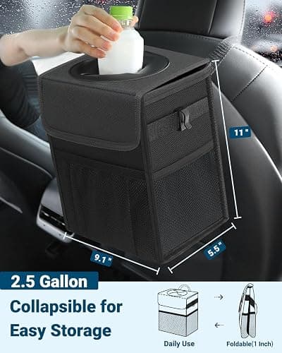 Capolo Car Trash Can with Lid, Leakproof Car Trash Bag Hanging Waterproof Automotive Garbage Can with Storage Pockets Mini Vehicle Trash Bin for Back/Front Seat(Black,2.5 Gallon) thumbnail 2