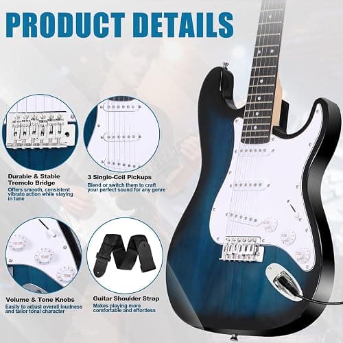 ZENY 39" Full Size Electric Guitar with Amp, Case and Accessories Pack Beginner Starter Package, Blue Ideal Christmas Thanksgiving Holiday Gift thumbnail 4