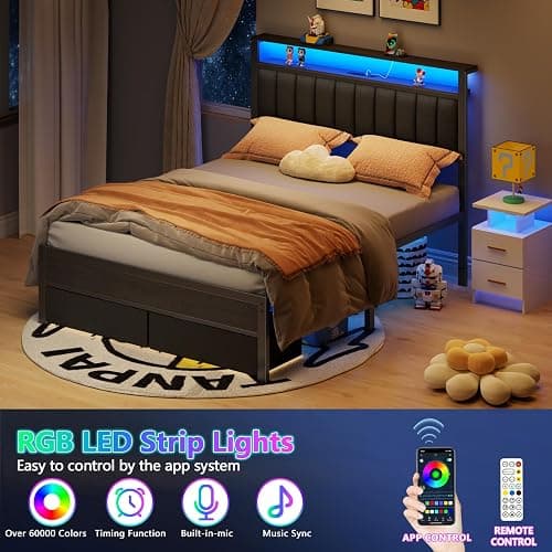Furnulem Queen Bed Frame with Charging Station and LED Lights, Grey Upholstered Headboard with Shelves, Metal Platform Bed with 2 Under-Bed Storage (Fabric Drawer on Wheels), No Box Spring Needed thumbnail 8