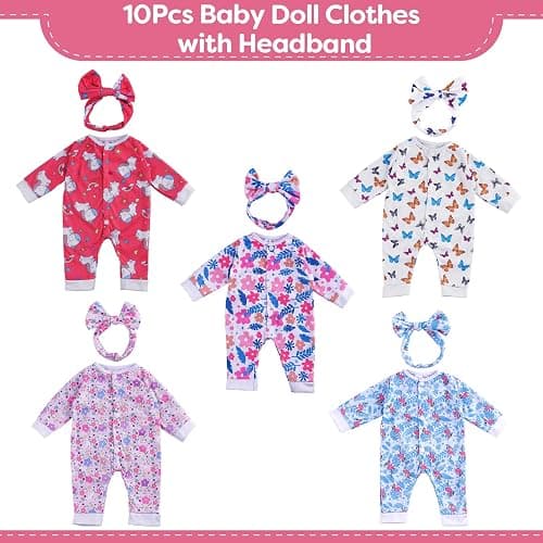 BABESIDE Reborn Baby Doll Clothes for 17-22 Inch Dolls, 5 Sets Baby Doll Clothes Outfits Accessories - Romper Suit and Headband for Newborn Baby Doll Boy&Girl Kids Gift thumbnail 3
