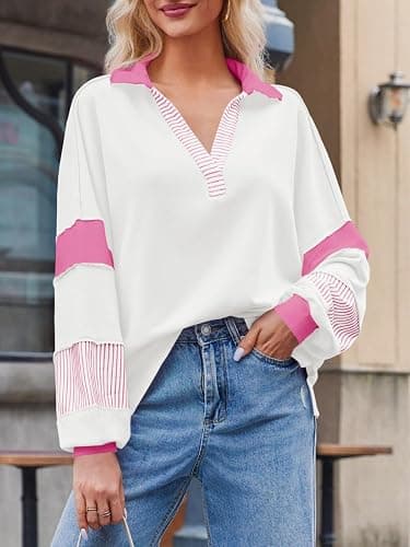 Fisoew Womens Color Block Oversized Sweatshirt Polo V Neck Long Sleeve Shirts Casual Loose Pullover Tops thumbnail 4