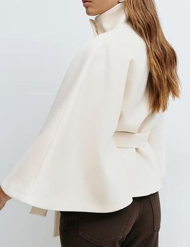 OPCAKM Women's Batwing Sleeve Poncho Coat Oversized Winter Pea Coat Stand Collar Cropped Cape Jacket with Belt thumbnail 4