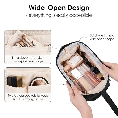 Narwey Makeup Bag Women Wide-open Make up Bag Travel Cosmetic Bag Organizer Toiletry Bag for Cosmetics Toiletries Accessories (Black) thumbnail 3