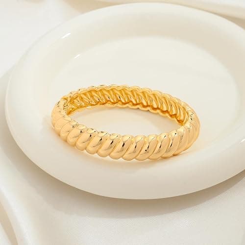 HUAYUNFANG Chunky Gold Bangle Bracelets for Women Twisted Hinged Wrist Cuff Bracelets open Spiraled Oval Bracelet Trendy Jewelry for Women thumbnail 5
