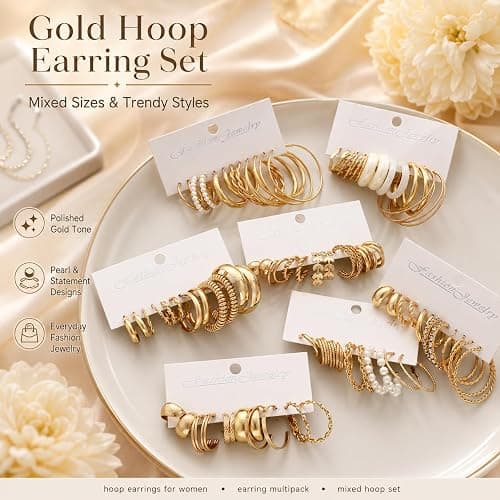 42 Pairs Gold Hoop Earrings Set for Women, Fashion Chunky Pearl Earrings Multipack Twisted Statement Earring Pack, Hypoallergenic Small Big Hoops Earrings for Birthday Party Gifts Jewelry thumbnail 5