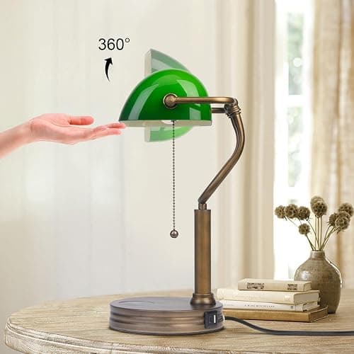 JCPYIUL Green Glass Bankers Lamp, Retro Desk Lamp with USB Wireless Charging Port, Classic Pull Chain Switch Table lamp, for Home Office nightstand Bedside Study Desk Library thumbnail 5
