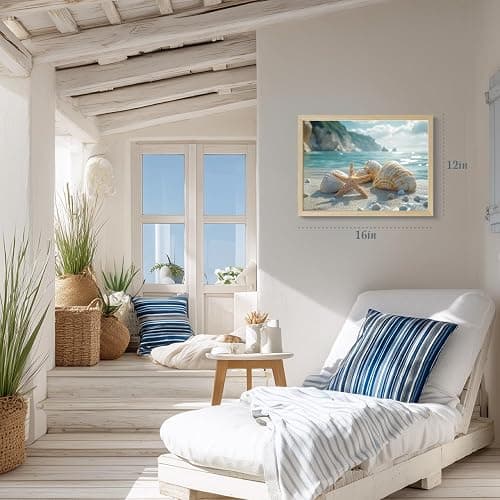Clicyre Coastal Wall Art for Bathroom, Blue Ocean Beach Canvas Prints, Seaside Starfish & Seashell Decor, Nautical Sand Seascape Pictures for Bedroom Living Room Home Decoration Wood Framed 12x16 Inch thumbnail 2