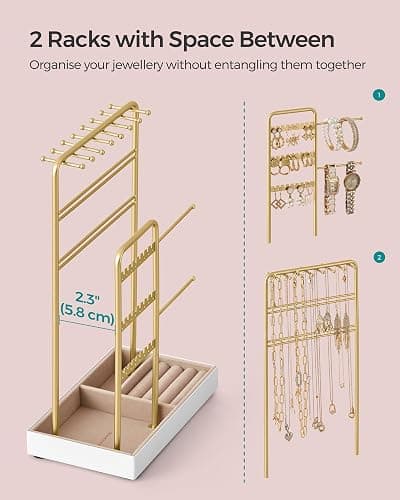 SONGMICS Jewellery Stand, Jewellery Organiser, Jewellery Display Stand with Metal Frame and Velvet Tray, Earring Bracelet Holder, Necklace Stand, for Studs, Rings, Gift Idea, Gold Colour JJS021A01 thumbnail 5