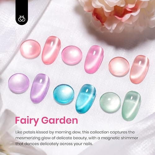 Beetles Cat Eye Gel Nail Polish Set, 6 Colors Fairy Garden Gel Polish Kit | Pastel Shimmer Glitter Pink Red Blue Orange Green Purple Glass Cat Eye Gel Soak Off UV Magnet Nail Art DIY Gift for Women thumbnail 2
