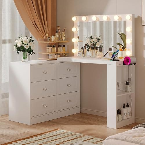 VOWNER Vanity Desk and Dresser Combo, Extendable Makeup Vainty with with Lighted Mirror & Power Outlet, Wood Corner Vanity with 6 Drawer Dresser, Makeup Table for Women, Bedroom Dressing Table(White) - Image 1