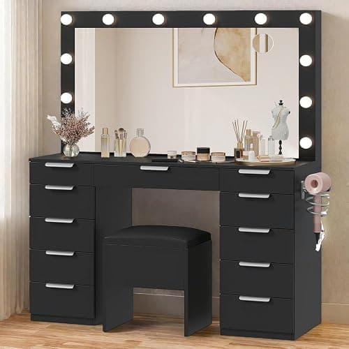 YITAHOME Makeup Vanity Desk Set with Large Mirror & 3-Mode LED Bulbs, Charging Station, 11 Drawers and Bench - Image 1