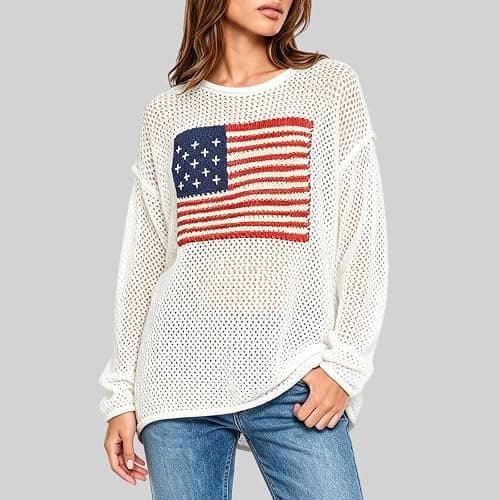 American Flag Sweater for Women Crochet Knit Long Sleeve USA Crewneck Sweatshirt Hollow Out 4th of July Sweater Tops thumbnail 2
