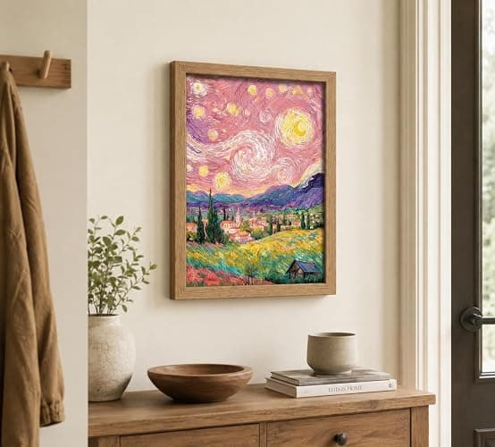 Framed Impressionist Pink Starry Sky Rural landscape Canvas Wall Art | Vibrant Colors Landscape Decor Picture Romantic Countryside Mountain Field Poster Prints for Art Lover Room Home Decoration thumbnail 4