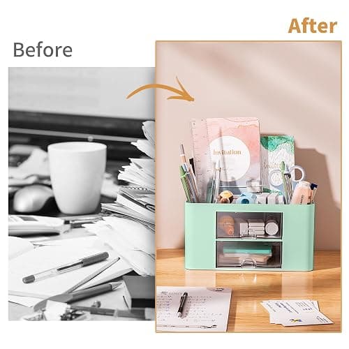 Marbrasse Pen Organizer with 2 Drawer, Multi-Functional Pencil Holder for Desk, Desk Organizers and Accessories with 5 Compartments + Drawer for Office Art Supplies (Green) thumbnail 7