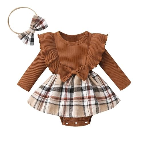 Newborn Baby Girl Fall Winter Outfit Set Plaid Romper Dress Ruffles Long Sleeve Clothes Jumpsuit with Bow Headband - Image 1