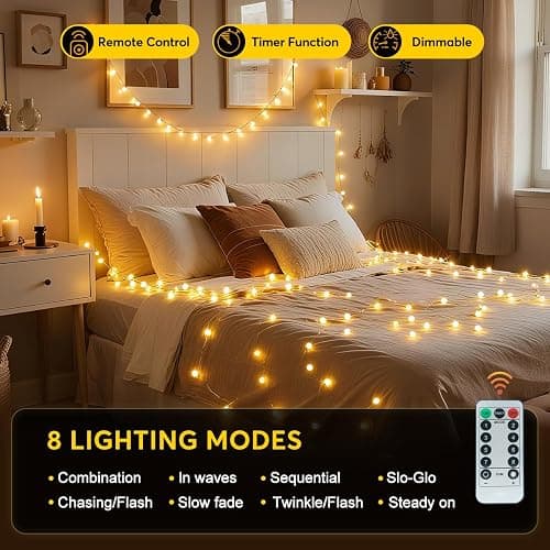 RaThun 49.2ft Warm White Globe String Lights, 100 LED with 16ft Extended Lead Wire & Remote, 8 Modes, IP44 Waterproof Plug in Linkable Lights for Outdoor Indoor Party Wedding thumbnail 2