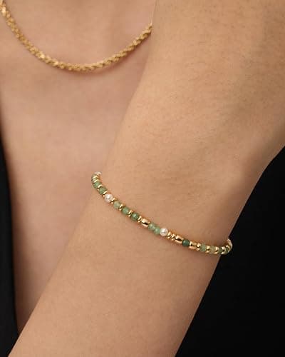PAVOI 14K Yellow Gold Plated Gemstone Beaded Bracelets for Women - Adjustable Slider Dainty Pearl Bracelet - Boho Festival Pearls, Labradorite, Sodalite, Red Jade, Amazonite Beads - Gold Jewelry Gifts thumbnail 2