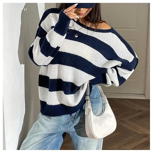 Floerns Women's Striped Boat Neck Loose Sweater Long Sleeve Drop Shoulder Pullover Top thumbnail 4