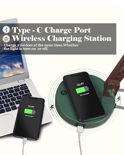 ELYONA LED Desk Lamp with Wireless Charger, Sapele Wood Reading Light with USB C Charging Port, Swing Arm Table Lamp for Home Office, College Dorm, Bedroom Living Room, Bulb Included, Vintage Green thumbnail 7