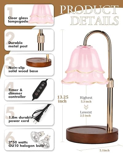 Pink Candle Warmer Lamp with Timer & Dimmer, Adjustable Height Christmas Gifts Birthday Gifts for Women Mom, Flower Candle Lamp Warmer, Wax Warmer with 2 Bulbs, House Warming New House Decorations thumbnail 6
