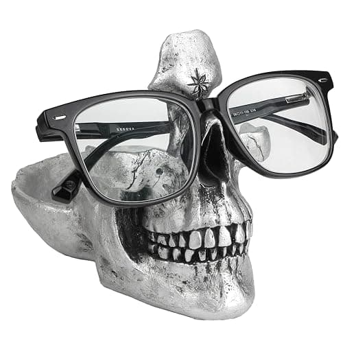 Mrlikale Skull Glasses Stand, Creative Eyeglasses Display Rack, Sunglasses Spectacle Holder, Key Holder Resin Sculptures for Entryway, Home, Office, Desk, Nightstand (Silver) - Image 1