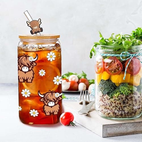 Highland Cows Gifts for Women Highland Cow Lovers Decor Print Stuff Coffee Cup with Cow Straw - Cute Coffee Cups/Tumbler Christmas Birthday Gifts for Women Girls, Glass Cup with Lid and Straw 16oz thumbnail 6