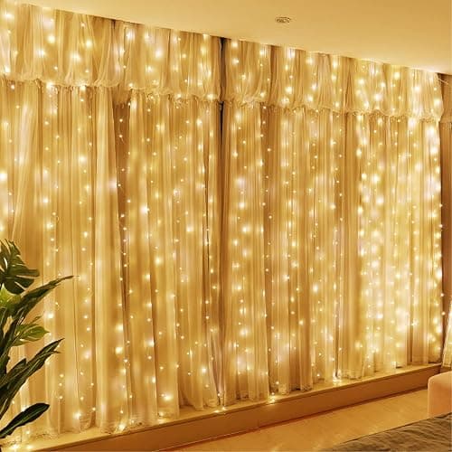HXWEIYE 300LED Lichtervorhang Warmweiß, 3mx3m Lichterkettenvorhang USB 8 Modi LED Lichterkette mit 12 Haken Fernbedienung Timer verstellbare Helligkeit für Weihnachten Party Innen und außen Deko - Image 1