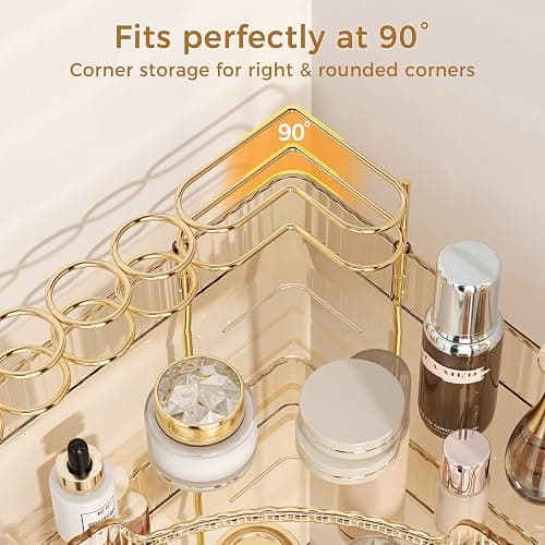 BEFSOP Corner Bathroom Counter Organizer, Upgraded 3-Tier Makeup Organizer Countertop with Makeup Brush Holder, Skincare Exquisite Vanity Organizers Countertop Bathroom Storage Dresser(GOLD) thumbnail 7