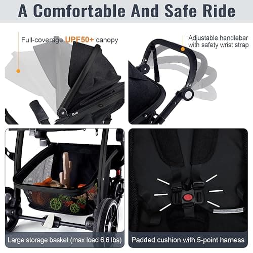 Baby Stroller, 2-in-1 Reversible Toddler Seat with Lie-Flat Mode, Foldable Infant Stroller with Canopy, One Button Brake, Adjustable Handle, Newborn Pushchair (Black B) thumbnail 6