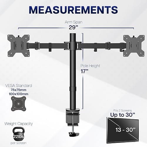 VIVO Dual Monitor Desk Mount, Holds 2 Computer Screens up to 30 inches and 22lbs Each, Heavy Duty Fully Adjustable Steel Stand with C-Clamp and Grommet, Black, STAND-V002 thumbnail 4