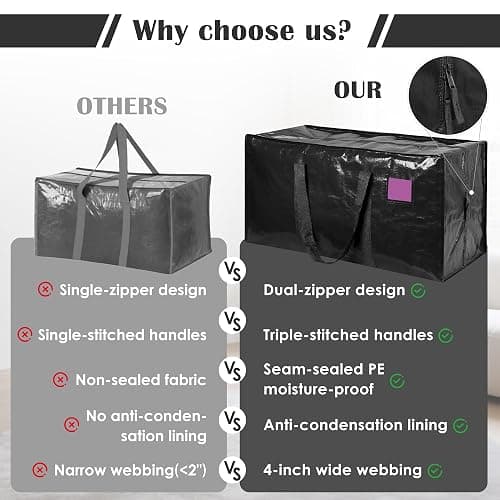 RMOHRO 6 Pack Extra Large Heavy Duty Moving Bags with Reinforced Zipper & Wide Handles, Moisture-Resistant Storage Bins Packing Cubes for Clothes, College Dorm, Travel, and Home Organization, Black thumbnail 9