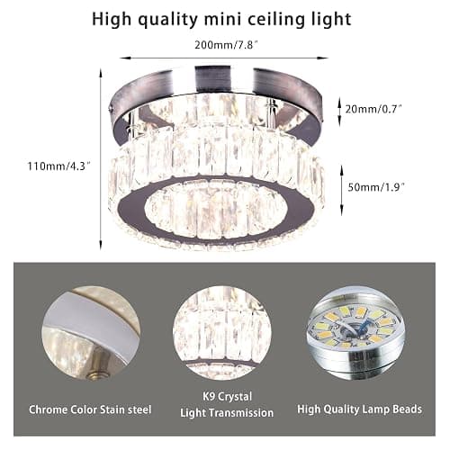 xychfantligh 7.8" Crystal Chandelier Modern LED Mini Flush Mount Ceiling Light Fixtures Dimmable with Remote K9 Crystal Round Small Chandeliers for Hallway Bedroom Kitchen thumbnail 3