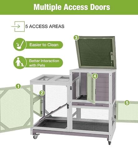 GUTINNEEN Duplex Rabbit Hutch Indoor with Chew-Proof Frame & 2 Leak-Proof Sliding Trays, Rain Cover, Wooden Guinea Pig Cages with Wheels - Grey thumbnail 6