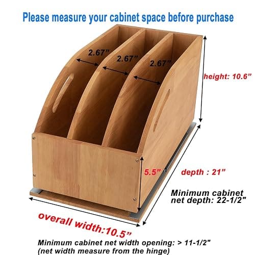 DINDON Pull Out Cabinet Organizer for Pans, Pot lid, Cookie Sheet, Cutting Board, Baking Tray, Slide Out Kitchen Cabinet Storage Organizer, 10.5''W X 21"D X 10.6"H, Wood thumbnail 3