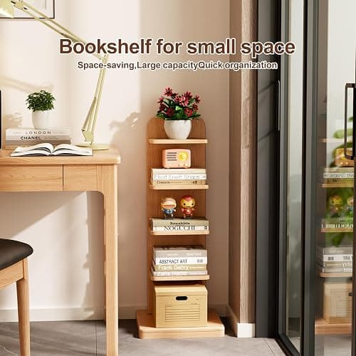 WoodsWhisper Narrow Bookshelf Ladder Bookshelf 5 Shelf Bookcase, Mid Century Modern Bookcase with Freestanding Display Shelves,Anti-tip Device and Thickened Base for Small Space,Living Room, Office - Natural - 5C thumbnail 4
