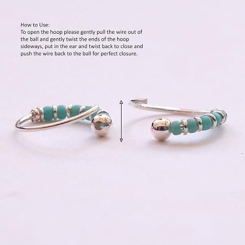 Handmade Silver Pair Small 10MM Cartilgae Helix Piercing Beaded Hoop Earrings, 925 Sterling Silver, Thin 22Gauge Turquoise Color Beads Hoops for women, By Miya Jewelry Creations thumbnail 4