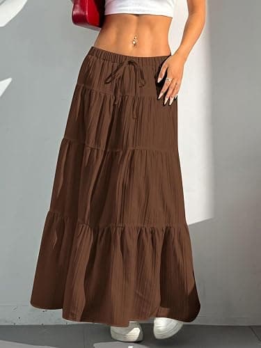 DERAX Women's Boho Flowy White Maxi Skirt Flared Ruffle Elastic Waist Summer A Line Long Skirts thumbnail 6