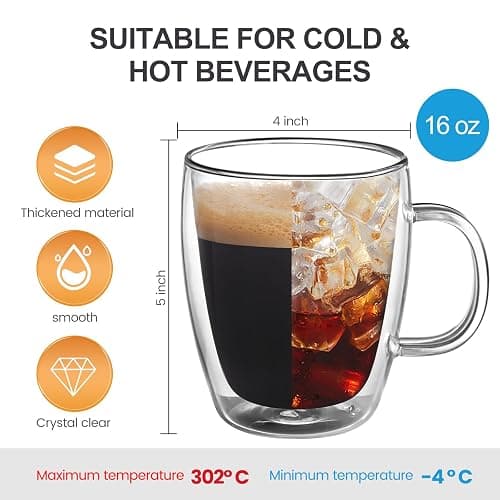 YUNCANG Double Wall Coffee Mugs, (4-Pcak) 16 Ounces-Clear Glass with Handle,lnsulated,Cappuccino,Tea,LatteCups,Beverage Glasses Heat Resistant thumbnail 3