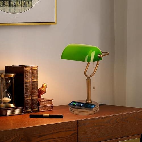JCPYIUL Green Glass Bankers Lamp, Retro Desk Lamp with USB Wireless Charging Port, Classic Pull Chain Switch Table lamp, for Home Office nightstand Bedside Study Desk Library thumbnail 6