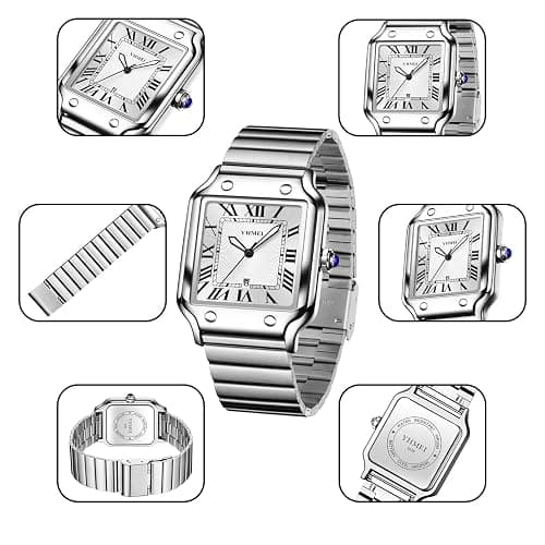 CARLIEN Unisex Classic Square Roman Numerals Silver Analog Waterproof Watches for Women Men Stainless Steel Strap Date Display Casual Wristwatch thumbnail 6