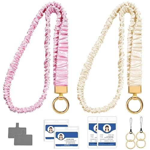 2 Sets Stretchy Scrunchie Lanyards Teacher, Cute Retractable Lanyards for ID Badges with Phone Lanyard & Keychain for Teachers, Nurses, Office & School (B) - Image 1