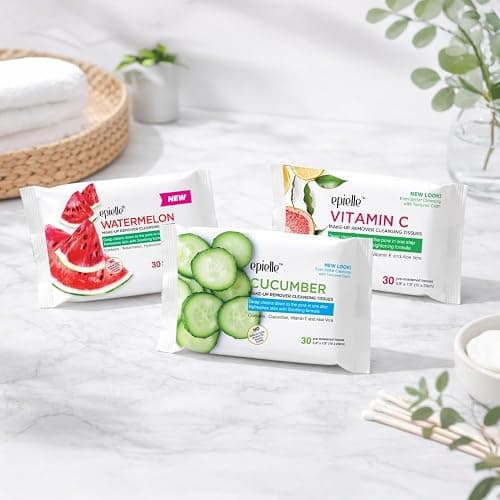 Epielle Makeup Remover Wipes, Remove Dirt, Oil, Waterproof Mascara, Gentle Daily Facial Cleanser Towelettes with Vitamin C, Watermelon & Cucumber, Hypoallergenic & Alcohol-Free, 30 Count (Pack of 6) thumbnail 2