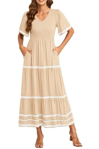 PRETTYGARDEN Women's Casual Summer Maxi Dress Short Sleeve Swiss Dot V Neck Smocked Long Flowy Beach Dresses - Image 1