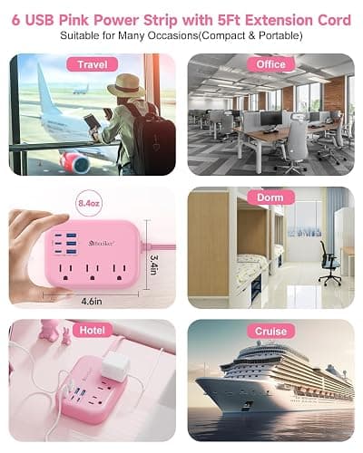Beeiker 6 USB (3 USB C) Pink Power Strip, 5Ft Extension Cord, 3 Outlets | 3 USB C,24W/4.8A 6 USB Charging Station,Pink Desk Accessories,For Cruise Travel,Cute Kawaii College Dorm Home Essentials,5Ft thumbnail 8