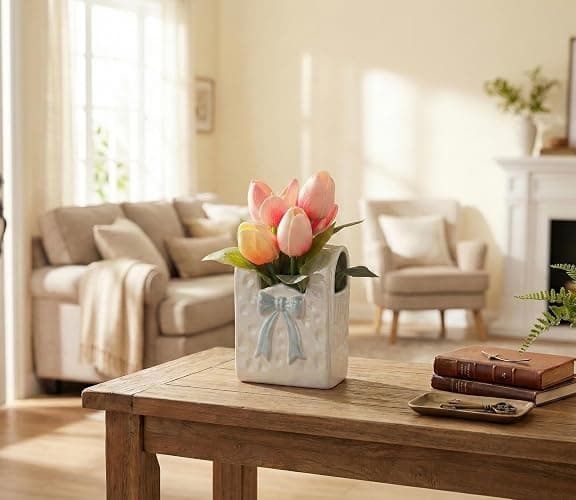 FLOROAD Spring Decor, Artificial Tulips in Ceramic Vase Spring Easter Table Centerpiece for Home Indoor Table Shelf Mantel Living Room Bathroom Bedroom Dining Coffee Bar Kitchen Decoration thumbnail 9