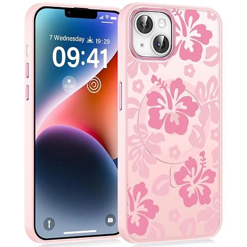 lioscre Pink Cute Hibiscus Flower Phone Case for iPhone 15 Plus 6.7", Compatible with MagSafe, Floral Pattern Print Design Magnetic Case for Women Girls Soft TPU Hard PC Shockproof Funda Cover - Image 1