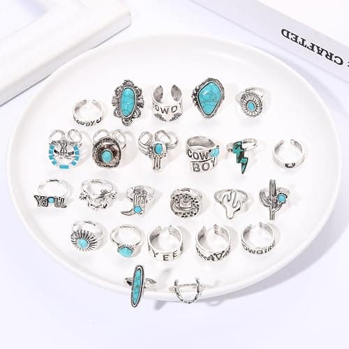 25Pcs Vintage Silver Knuckle Rings Set for Women Men, Western Cowgirl Cowboy Stackable Joint Finger Rings Open Stackable Midi Rings Retro Carved Stone Stacking Midi Adjustable Rings Bohemian Turquoise Boots Cactus Cow Head Rings Pack thumbnail 3