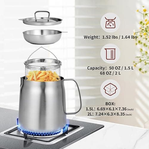 68oz 304 Stainless Steel Deep Fryer Pot with Basket & Strainer, Large Capacity Bacon Grease Container for Kitchen,Frying, Cooking, Camping,Oil Filter Container - Dishwasher Safe (68oz/2L/2.1Qt) thumbnail 4