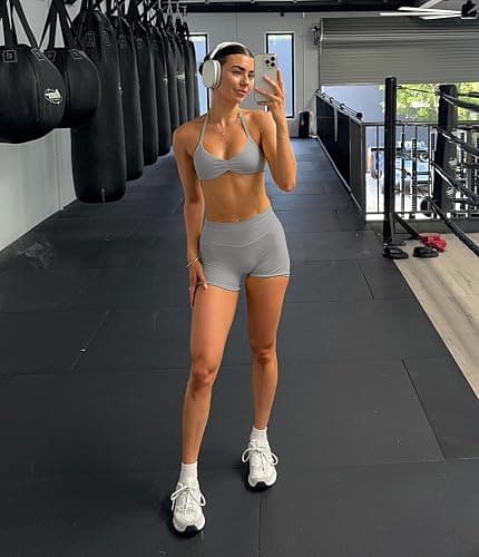 Comper 2 Piece Workout Sets for Women Halter Strappy Sports Bra with Seamless Ribbed Gym Yoga shorts Outfits thumbnail 4